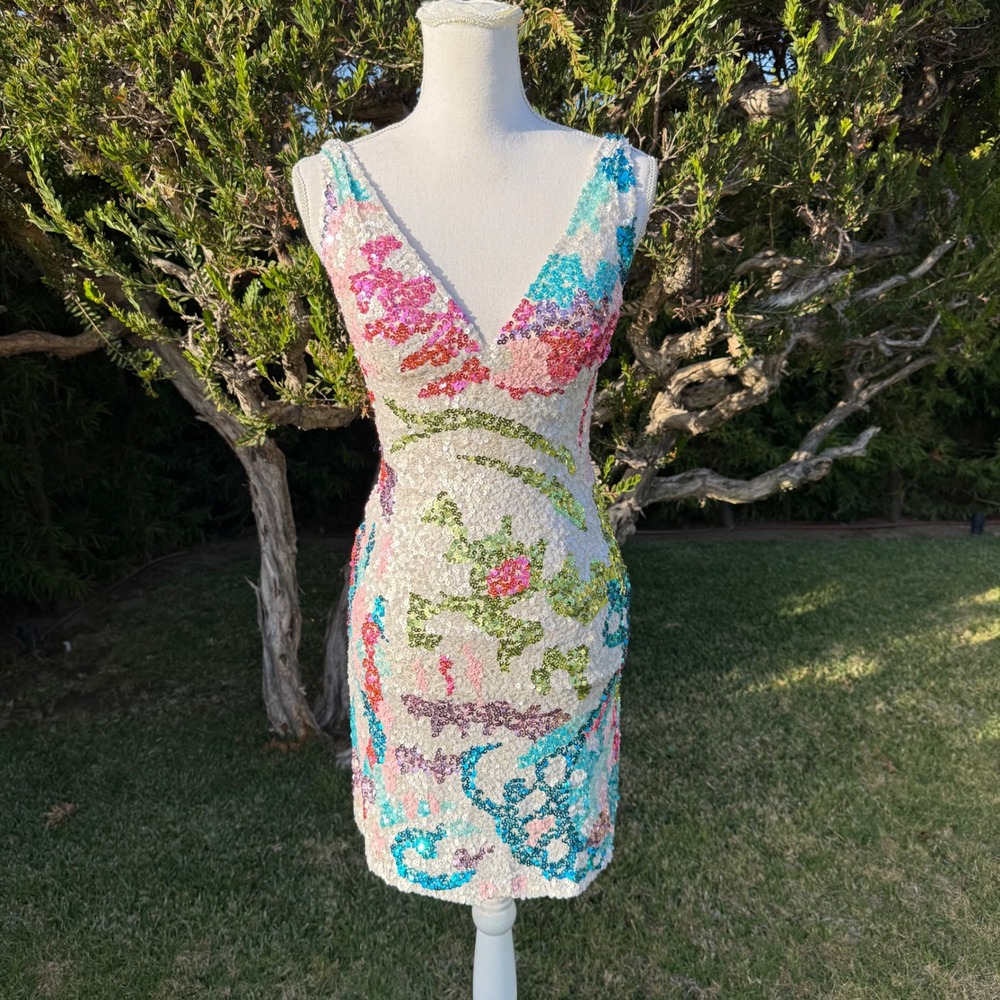 Scala Silk Sequin Floral Mini Dress White Pink Blue V-Neck Open Back Size 2